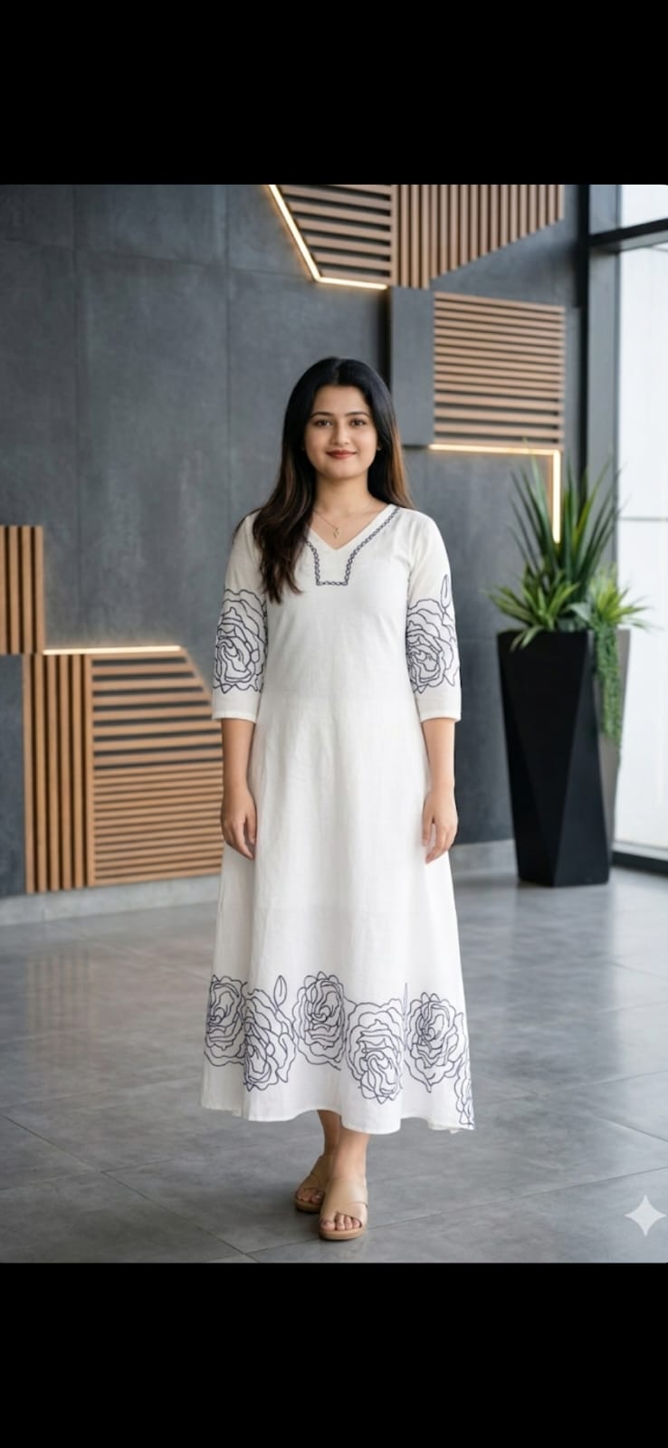 White Floral Midi Dress - Classic A-Line Style with 3/4 Sleeves